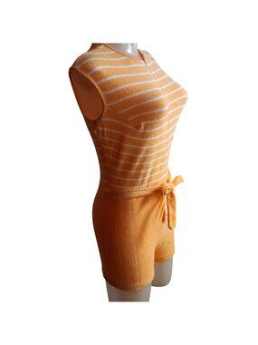 Small Vintage Romper 80's Orange Striped Terry Cloth Womens Zipper & Belt Tie